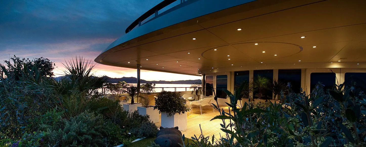 Charter yacht Boadicea's deck at dusk