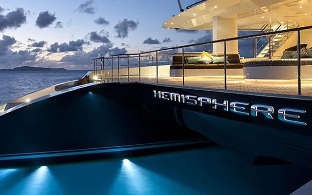 Catamaran yacht Hemisphere at night